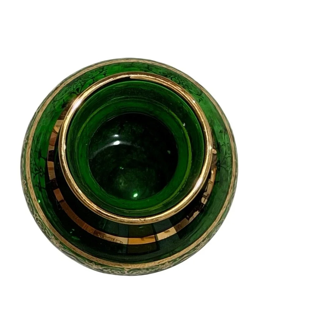 Vintage 1960s Emerald Green Gold Gilt Bud Vase Floral Scroll Art Glass